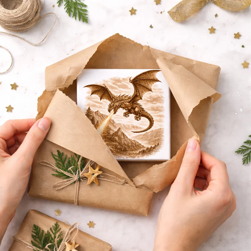 Mythos Freiheit Feuerspeiender Drache Holzbild in 10x10 cm zum Stellen oder Aufhängen