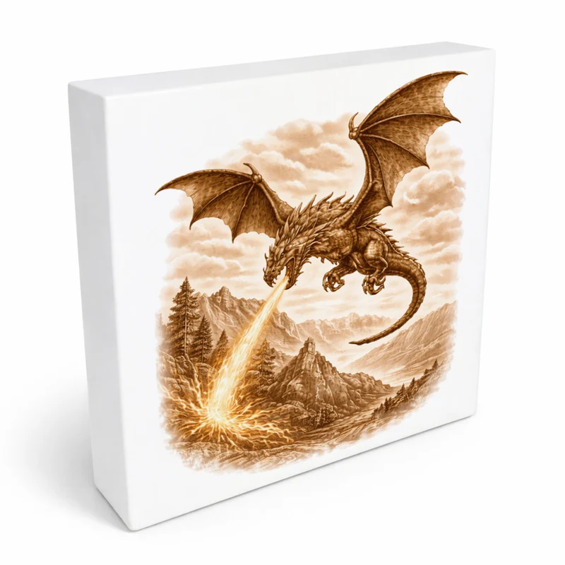 Mythos Freiheit Feuerspeiender Drache Holzbild in 10x10 cm zum Stellen oder Aufhängen