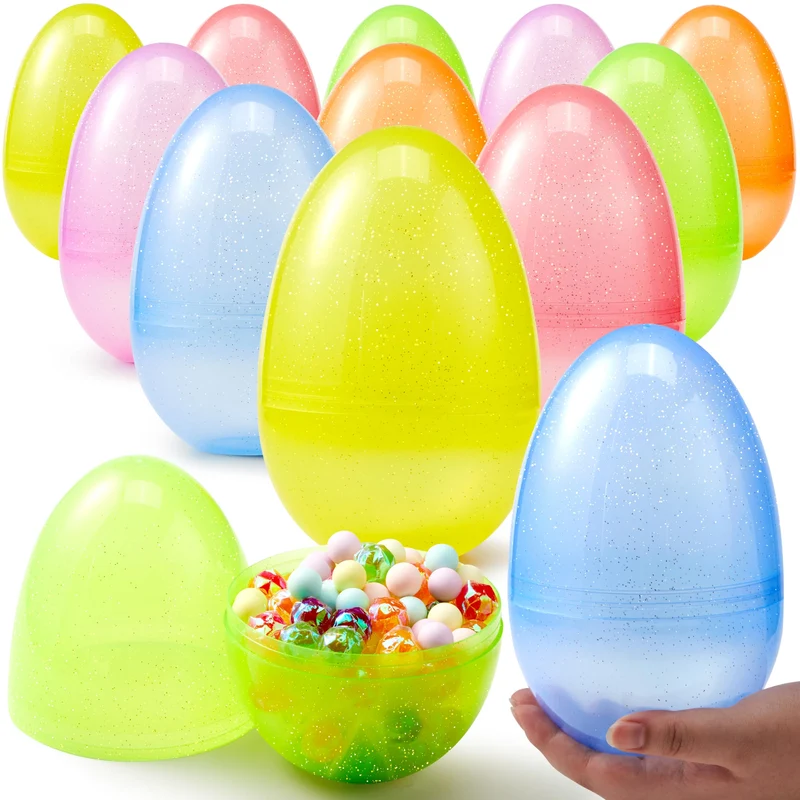 12Pcs Jumbo Clear Glitter Plastic Easter Eggs Fillable Hunt Basket Stuffers
