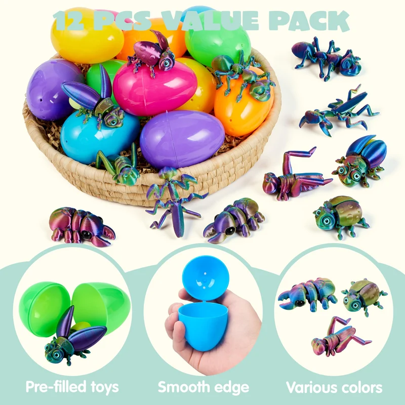 12 Pcs Prefilled Easter Eggs with 3D Printed Insects Toys