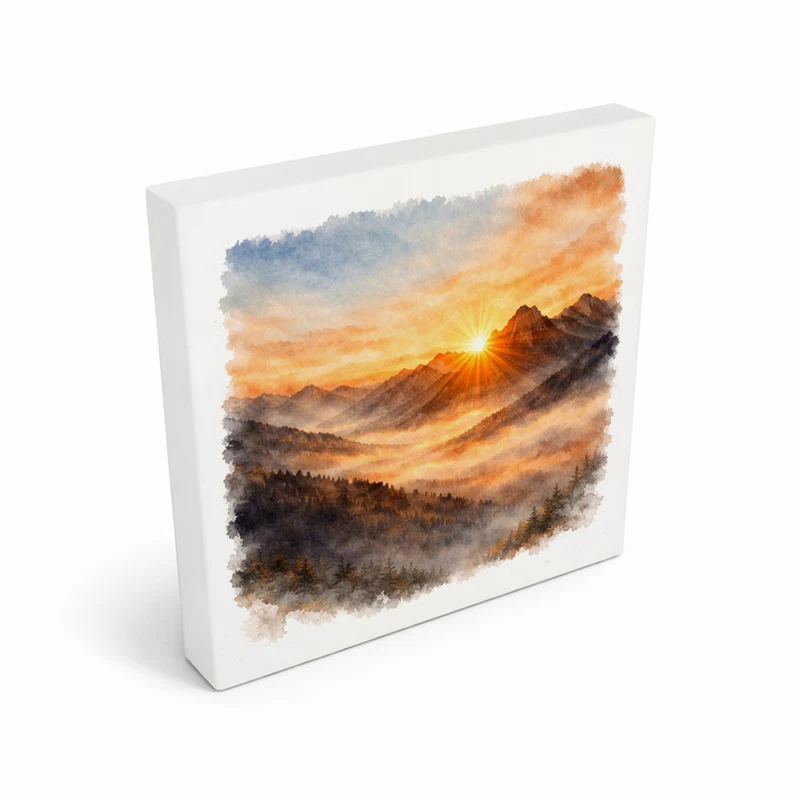 Licht der Berge Sonnenaufgang Holzbild in 10x10 cm zum Stellen oder Aufhängen