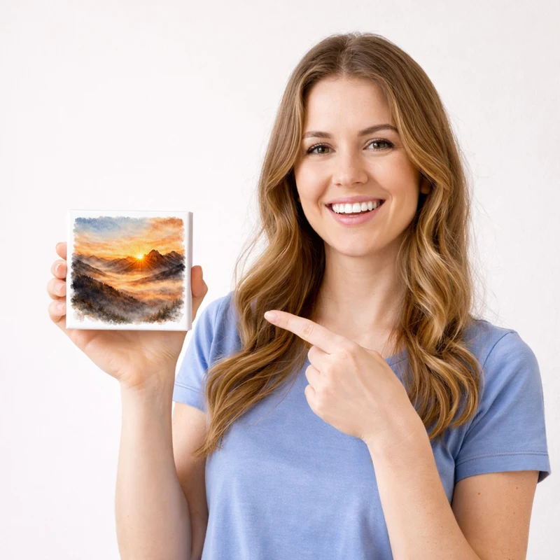 Licht der Berge Sonnenaufgang Holzbild in 10x10 cm zum Stellen oder Aufhängen