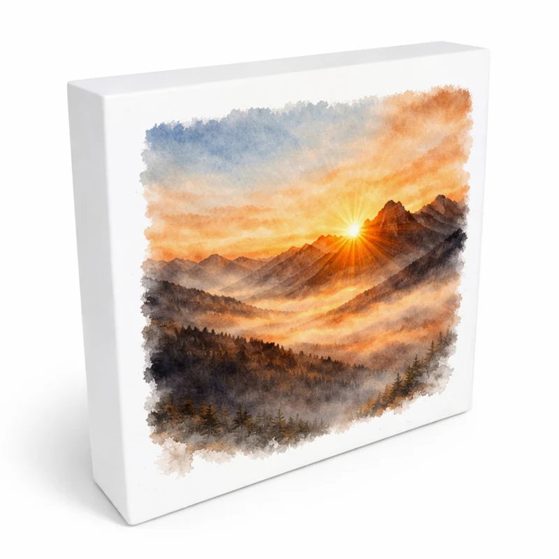 Licht der Berge Sonnenaufgang Holzbild in 10x10 cm zum Stellen oder Aufhängen