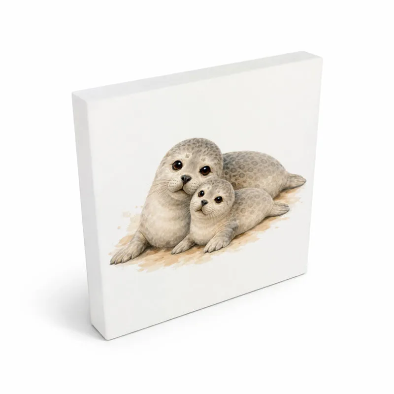 Robben Charme Robbenmutter mit Jungem Holzbild in 10x10 cm zum Stellen oder Aufhängen