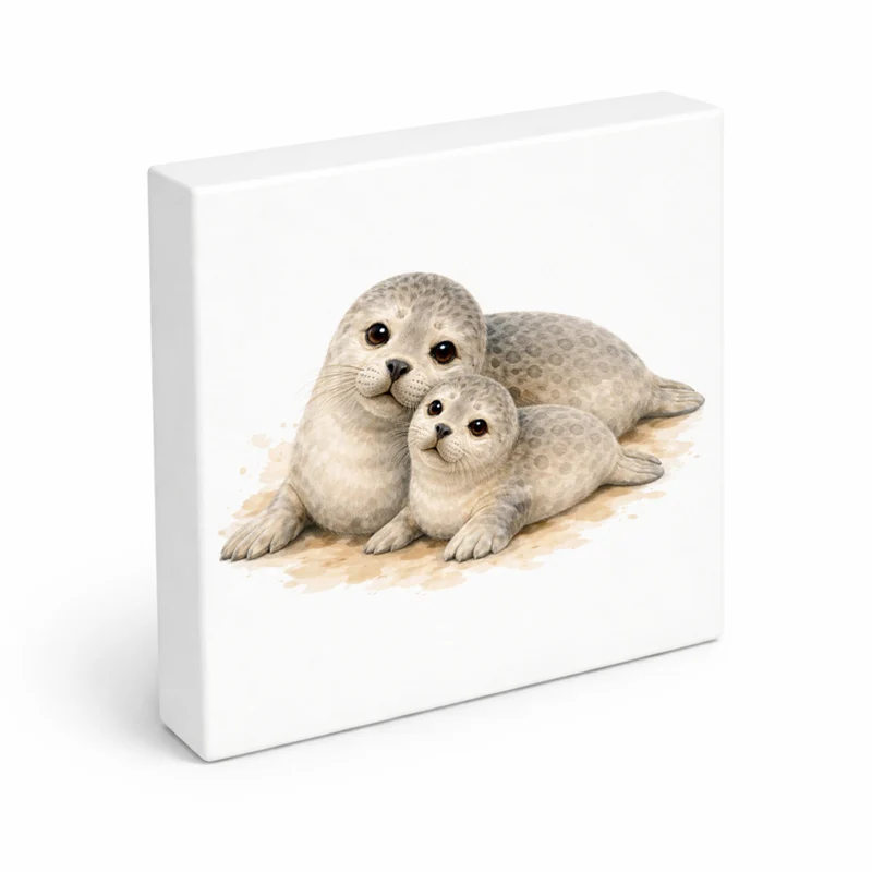 Robben Charme Robbenmutter mit Jungem Holzbild in 10x10 cm zum Stellen oder Aufhängen