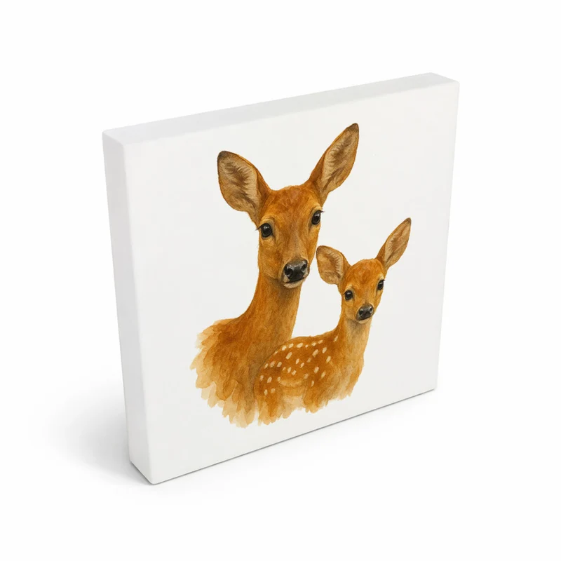 Tiere des Waldes Reh mit Kitz Holzbild in 10x10 cm zum Stellen oder Aufhängen