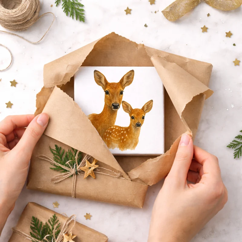 Tiere des Waldes Reh mit Kitz Holzbild in 10x10 cm zum Stellen oder Aufhängen