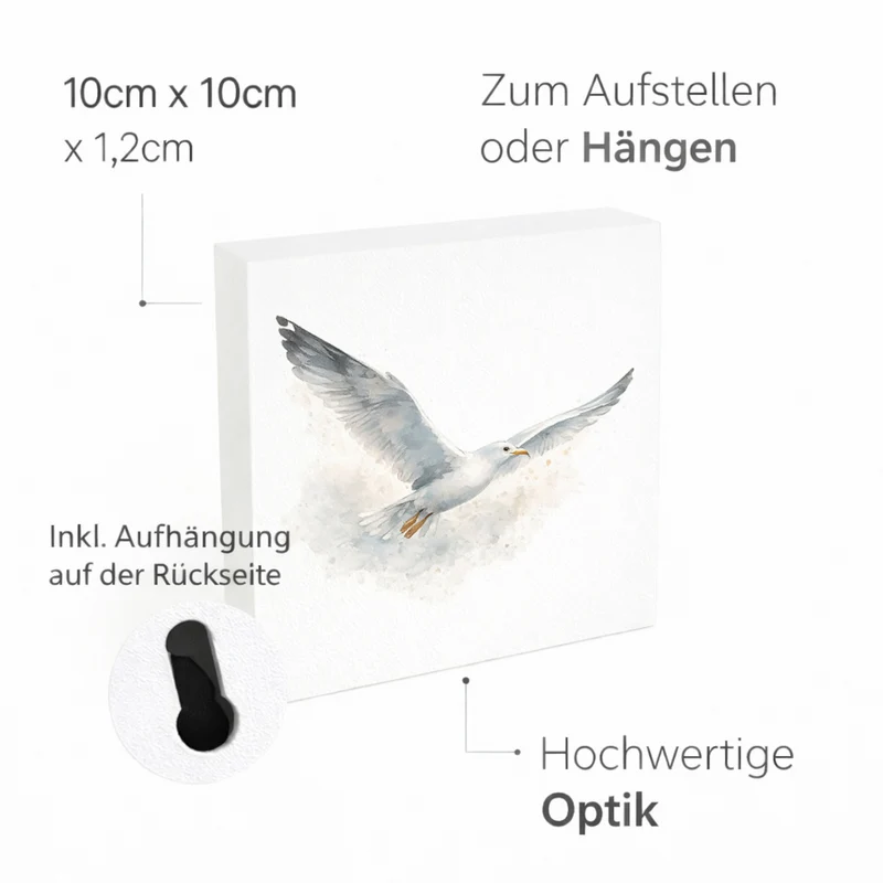 Küstenklänge Möwe Holzbild in 10x10 cm zum Stellen oder Aufhängen