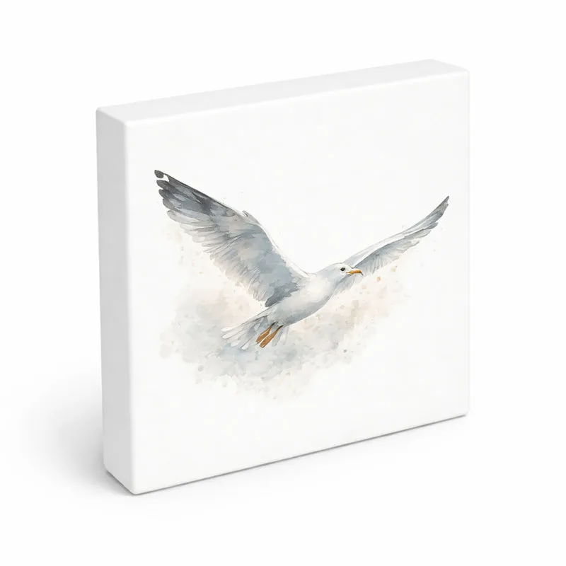 Küstenklänge Möwe Holzbild in 10x10 cm zum Stellen oder Aufhängen