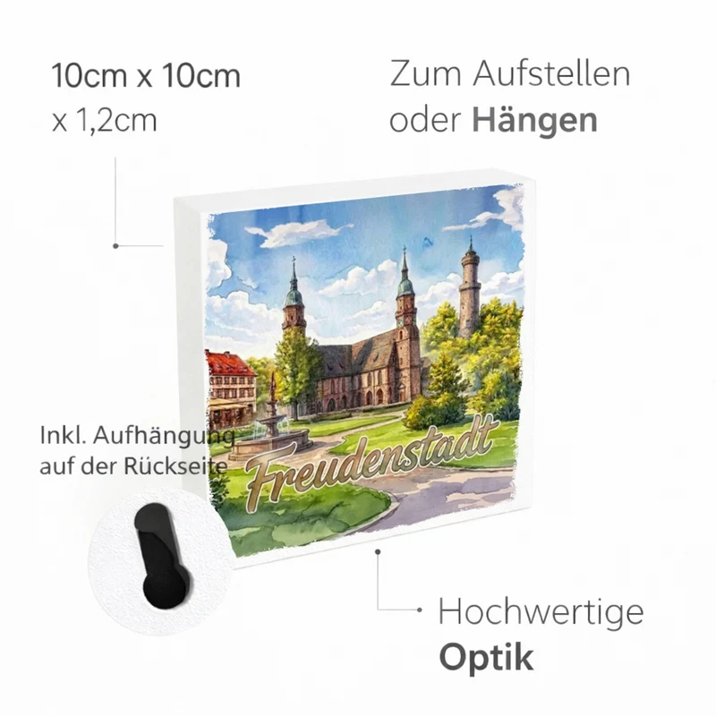 Freudenstadt Kirche Aquarell Holzbild in 10x10 cm zum Stellen oder Aufhängen für Kunstliebhaber