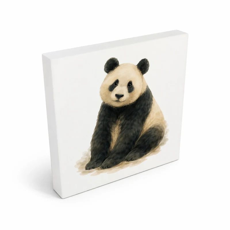 Pandaglück sitzender Panda Holzbild in 10x10 cm zum Stellen oder Aufhängen