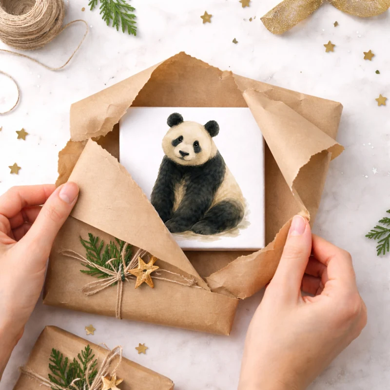 Pandaglück sitzender Panda Holzbild in 10x10 cm zum Stellen oder Aufhängen