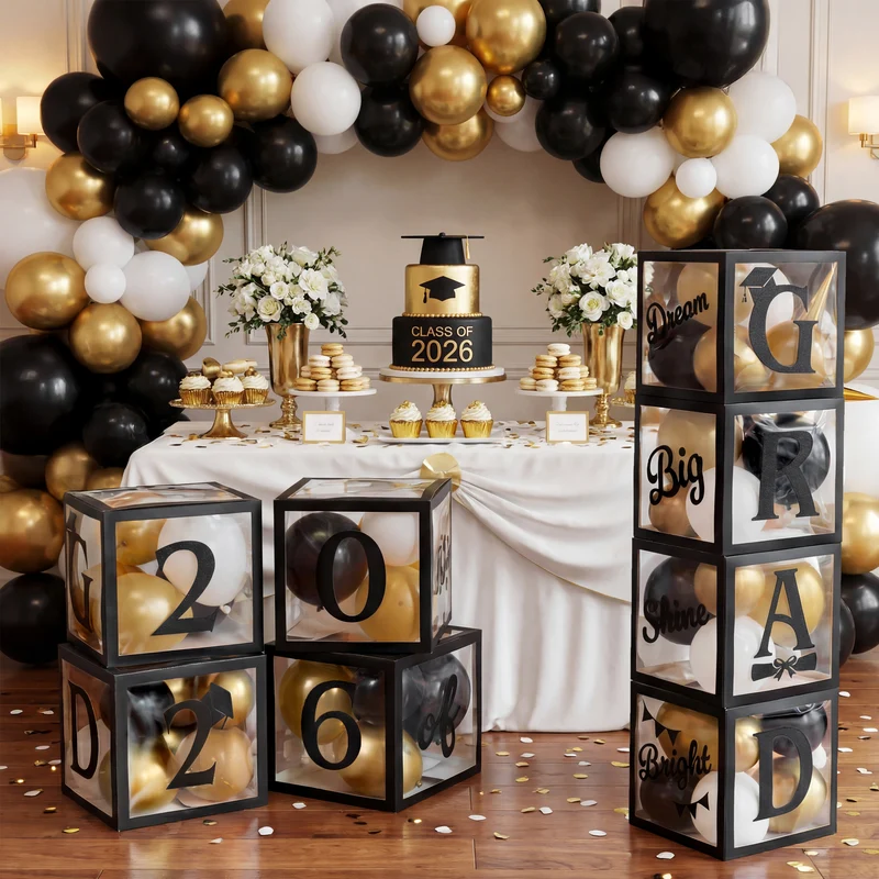 4Pcs Black & Gold 2026 Graduation Balloon Boxes for Graduation Party Decor
