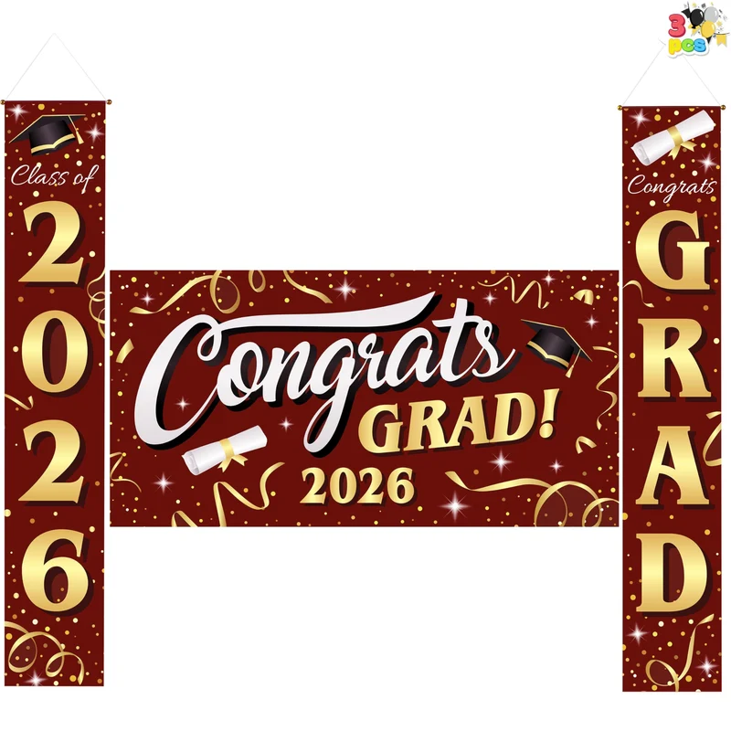 3Pcs Maroon & Gold Satin Graduation Backdrop Banners Class of 2026 Party Decor Supplies