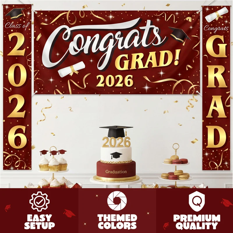 3Pcs Maroon & Gold Satin Graduation Backdrop Banners Class of 2026 Party Decor Supplies