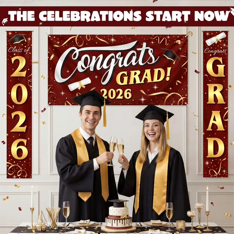 3Pcs Maroon & Gold Satin Graduation Backdrop Banners Class of 2026 Party Decor Supplies