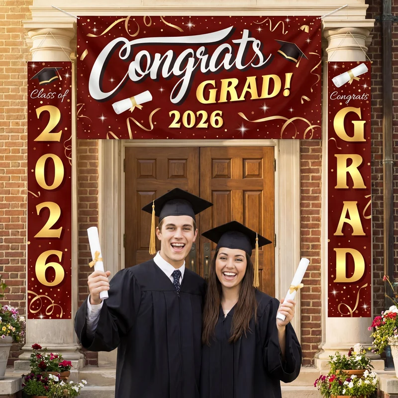 3Pcs Maroon & Gold Satin Graduation Backdrop Banners Class of 2026 Party Decor Supplies