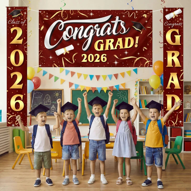 3Pcs Maroon & Gold Satin Graduation Backdrop Banners Class of 2026 Party Decor Supplies