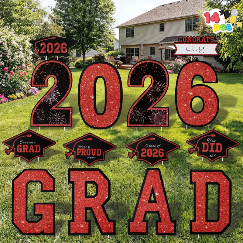 14Pcs Black & Red Graduation Yard Signs with 28 Stakes Class of 2026 Grad Party Supplies