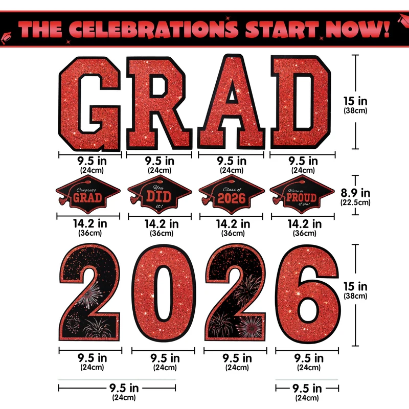 14Pcs Black & Red Graduation Yard Signs with 28 Stakes Class of 2026 Grad Party Supplies