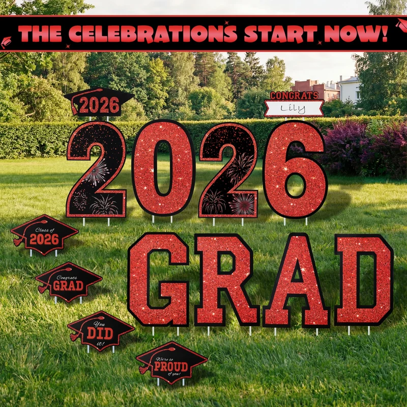 14Pcs Black & Red Graduation Yard Signs with 28 Stakes Class of 2026 Grad Party Supplies