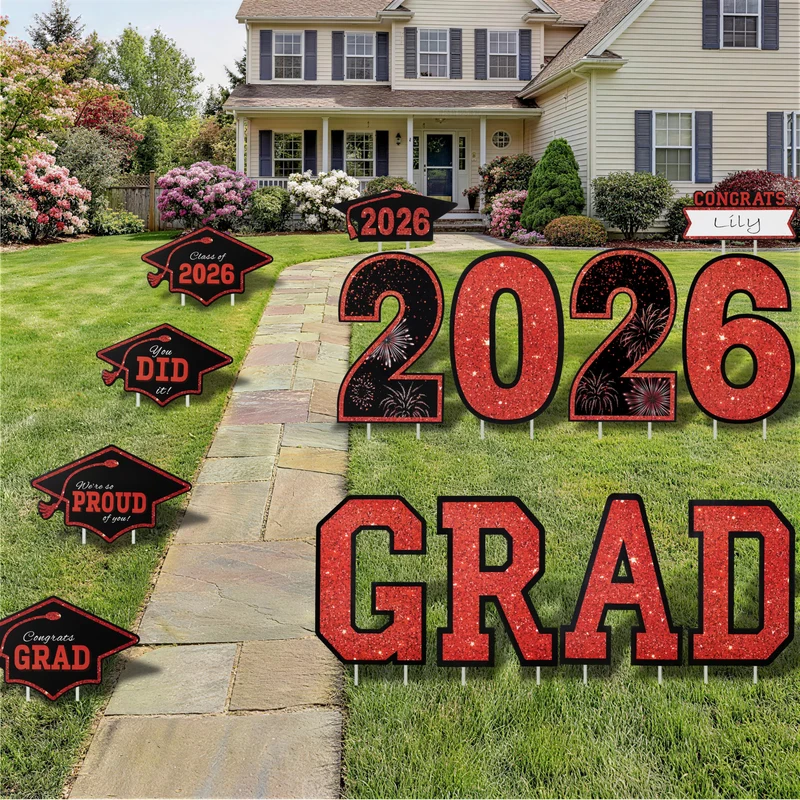 14Pcs Black & Red Graduation Yard Signs with 28 Stakes Class of 2026 Grad Party Supplies