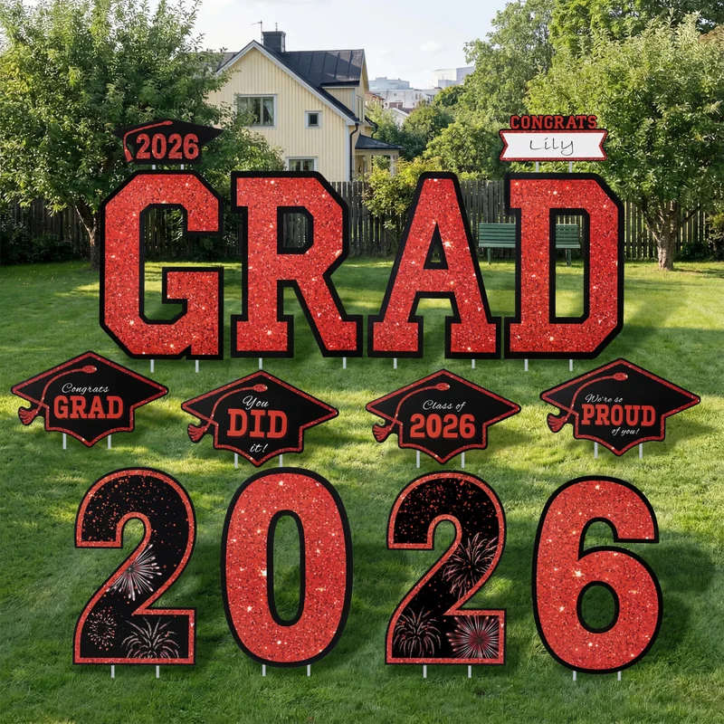 14Pcs Black & Red Graduation Yard Signs with 28 Stakes Class of 2026 Grad Party Supplies