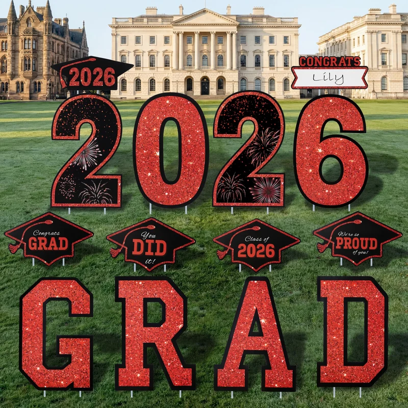 14Pcs Black & Red Graduation Yard Signs with 28 Stakes Class of 2026 Grad Party Supplies