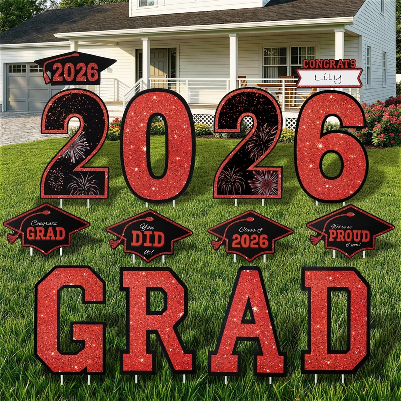 14Pcs Black & Red Graduation Yard Signs with 28 Stakes Class of 2026 Grad Party Supplies