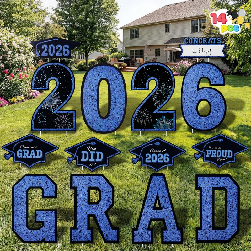 14Pcs Black & Blue Graduation Yard Signs with 28 Stakes Class of 2026 Grad Party Supplies