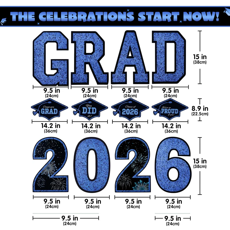 14Pcs Black & Blue Graduation Yard Signs with 28 Stakes Class of 2026 Grad Party Supplies