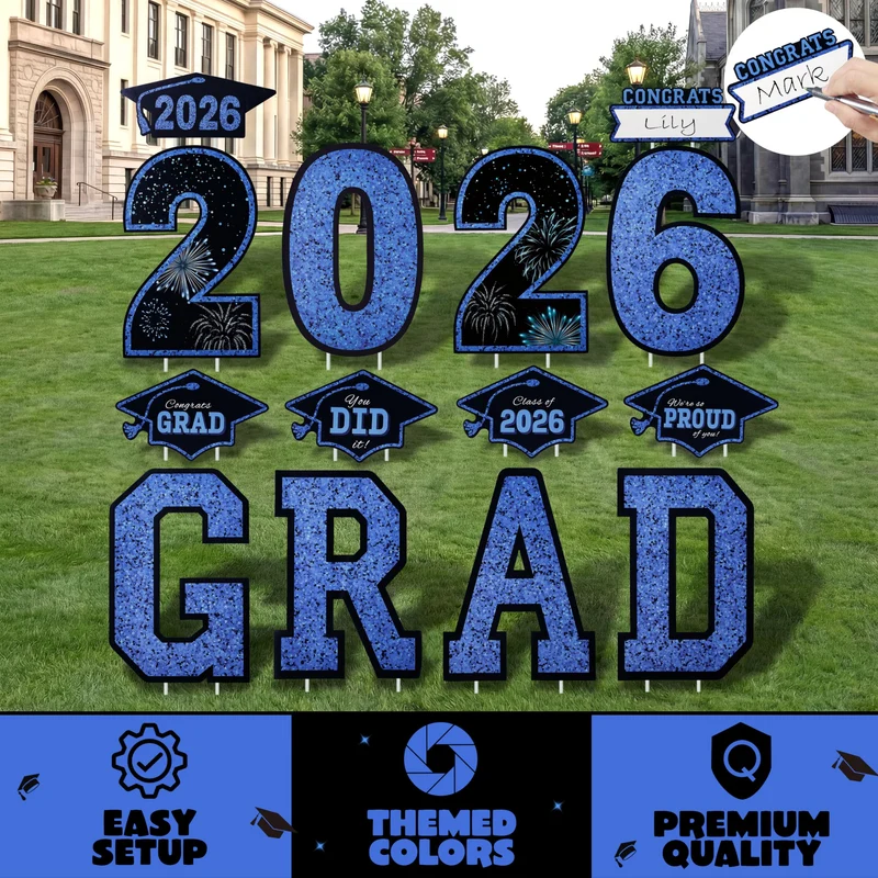 14Pcs Black & Blue Graduation Yard Signs with 28 Stakes Class of 2026 Grad Party Supplies