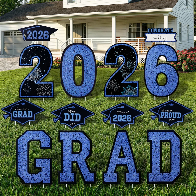 14Pcs Black & Blue Graduation Yard Signs with 28 Stakes Class of 2026 Grad Party Supplies