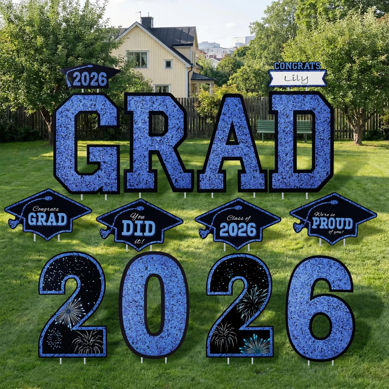 14Pcs Black & Blue Graduation Yard Signs with 28 Stakes Class of 2026 Grad Party Supplies