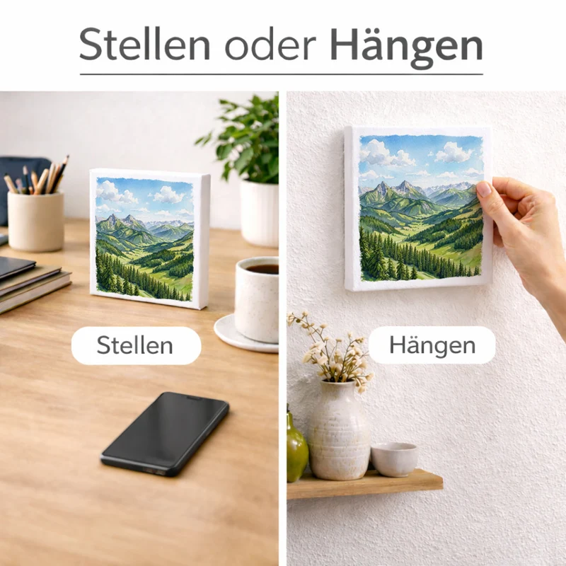 Bergidylle Berglandschaft bei Tag Holzbild in 10x10 cm zum Stellen oder Aufhängen