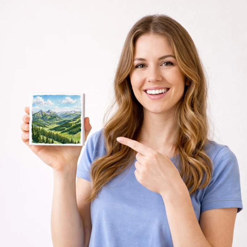 Bergidylle Berglandschaft bei Tag Holzbild in 10x10 cm zum Stellen oder Aufhängen