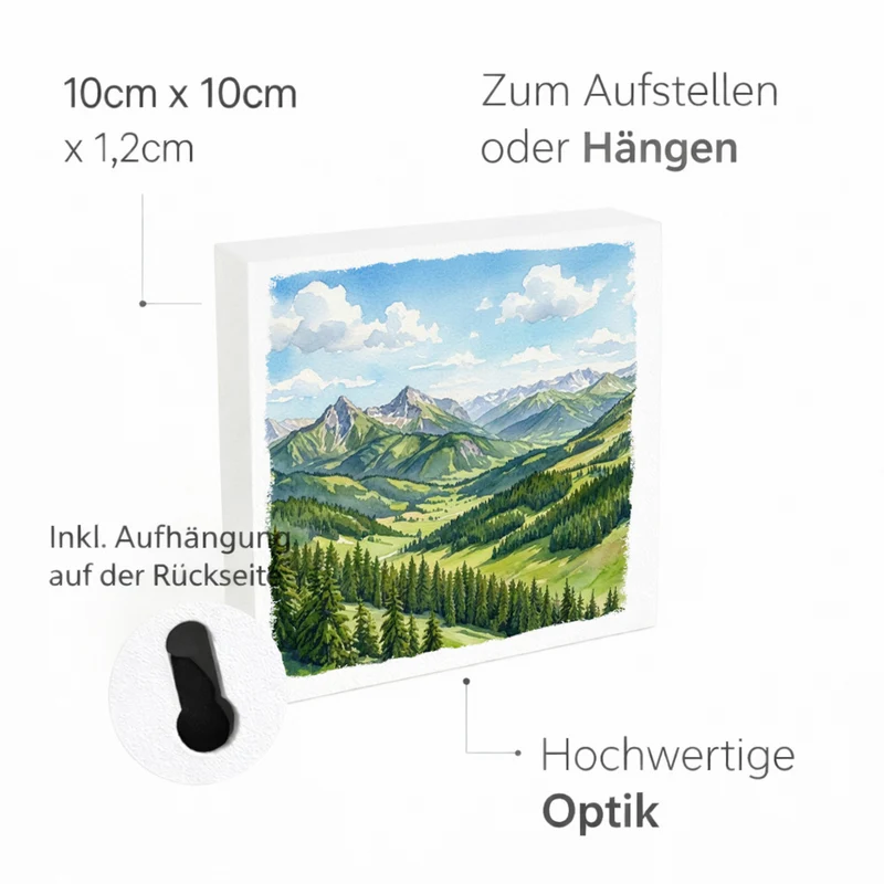 Bergidylle Berglandschaft bei Tag Holzbild in 10x10 cm zum Stellen oder Aufhängen