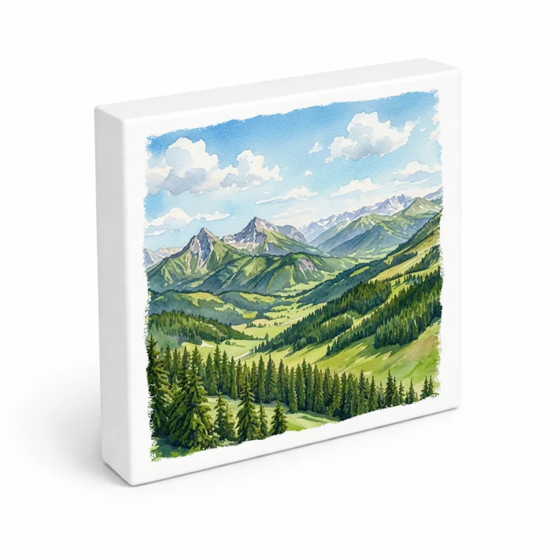 Bergidylle Berglandschaft bei Tag Holzbild in 10x10 cm zum Stellen oder Aufhängen