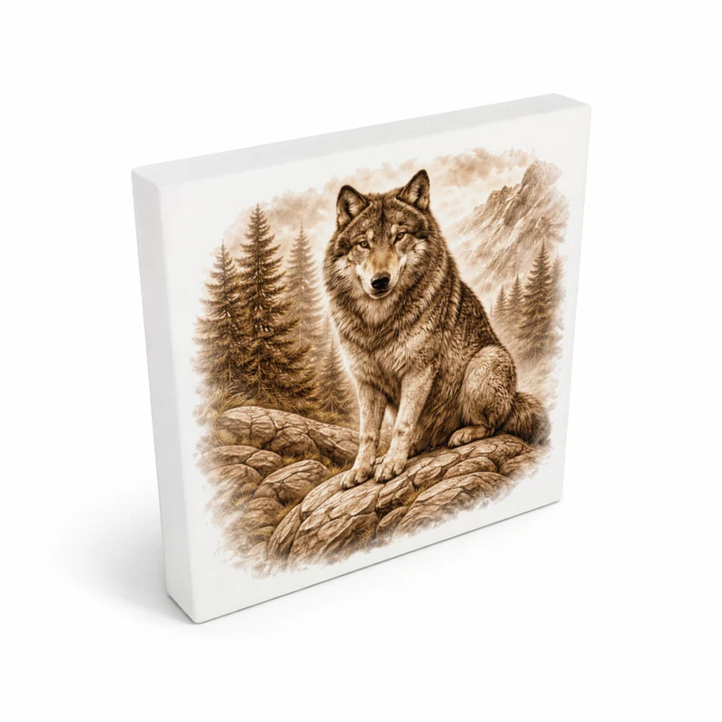 Wolfsmagie Wolf im Wald Holzbild in 10x10 cm zum Stellen oder Aufhängen