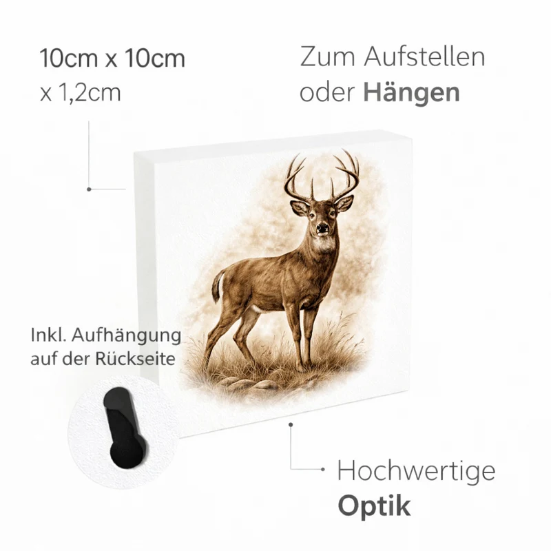 Wald Schönheit Hirsch im Gras Holzbild in 10x10 cm zum Stellen oder Aufhängen