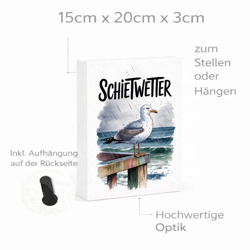 Möwe im Regen Holzbild in 20x15 cm zum Stellen oder Aufhängen - SCHIETWETTER