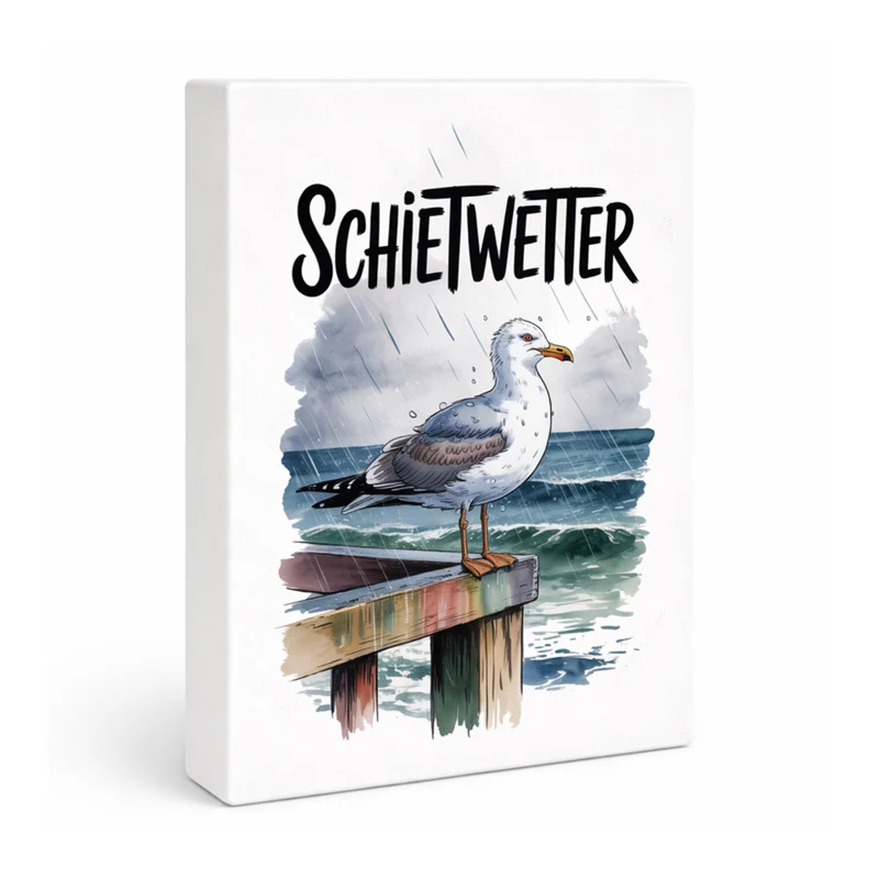 Möwe im Regen Holzbild in 20x15 cm zum Stellen oder Aufhängen - SCHIETWETTER