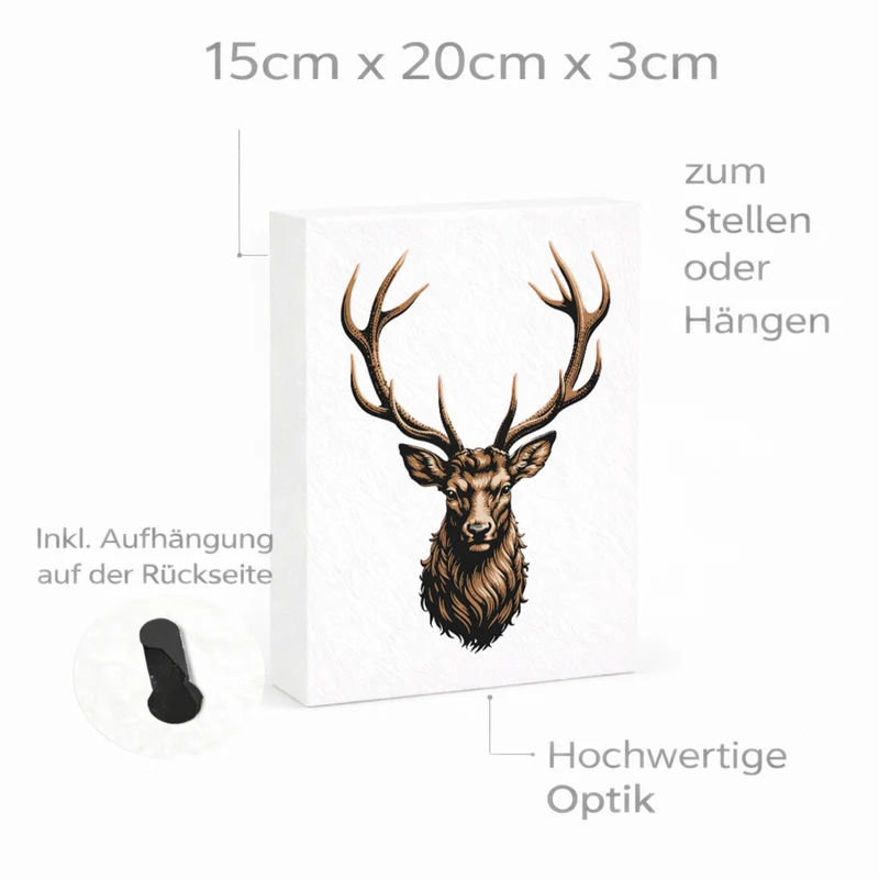 Hirsch mit prächtigem Geweih Holzbild in 20x15 cm zum Stellen oder Aufhängen für Naturfans