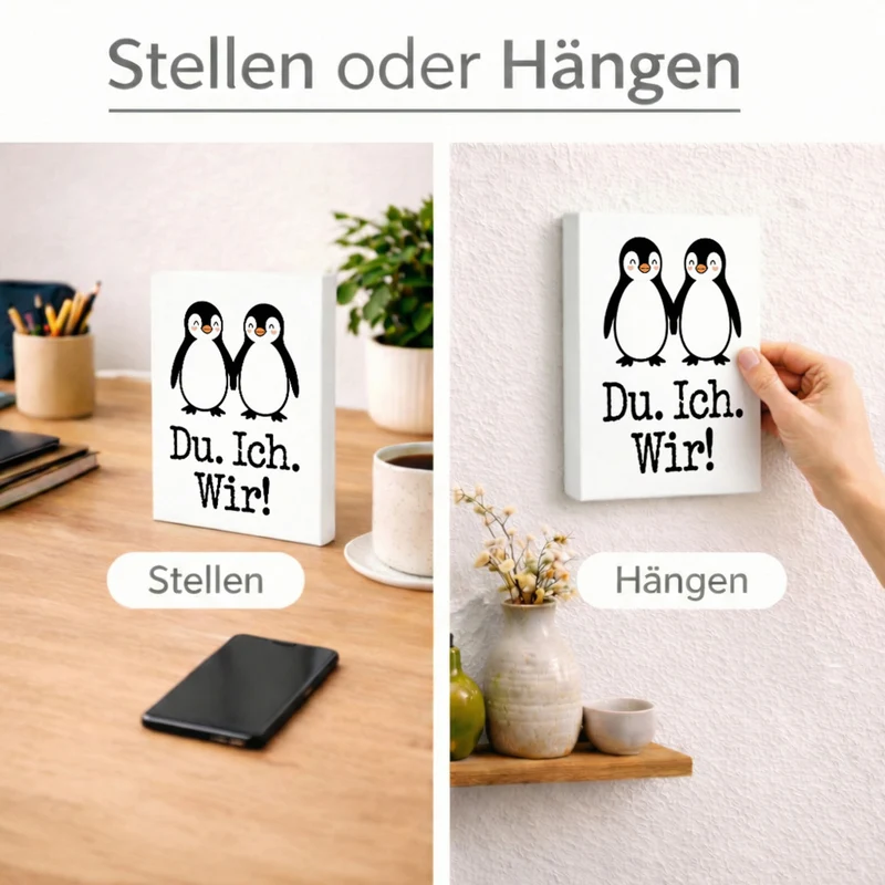 Pinguin Liebe Du. Ich. Wir! Holzbild in 20x15 cm zum Stellen oder Aufhängen