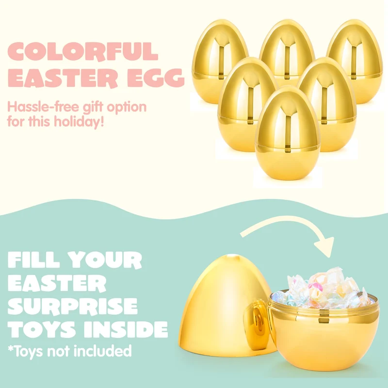 6 Pcs Large Gold Easter Eggs, 6 Inches Jumbo Plastic Eggs Fillable for Easter Hunt