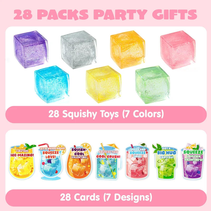 28 Pcs Valentine’s Day Cards with Ice Cube Shaped Malt Sugar Squeeze Balls