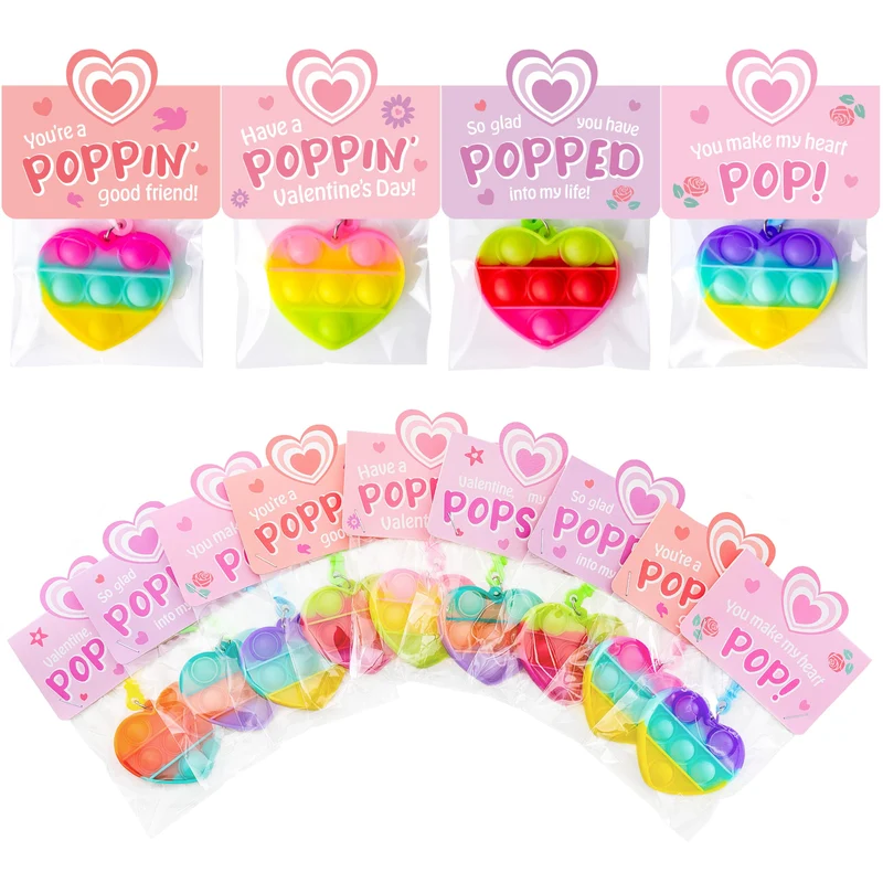 JOYIN 30 Packs Valentine's Day Gift Cards with Heart Pop Bubble Keychain Stress Relief Fidget Toys for Kids