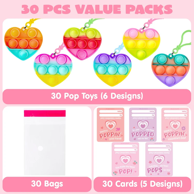 JOYIN 30 Packs Valentine's Day Gift Cards with Heart Pop Bubble Keychain Stress Relief Fidget Toys for Kids