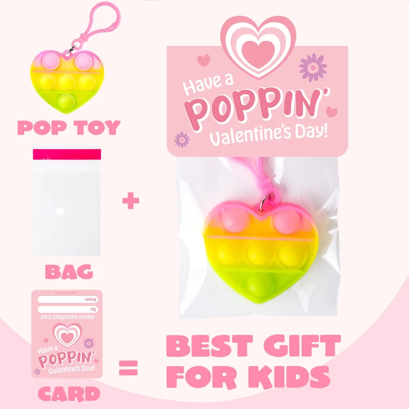 JOYIN 30 Packs Valentine's Day Gift Cards with Heart Pop Bubble Keychain Stress Relief Fidget Toys for Kids
