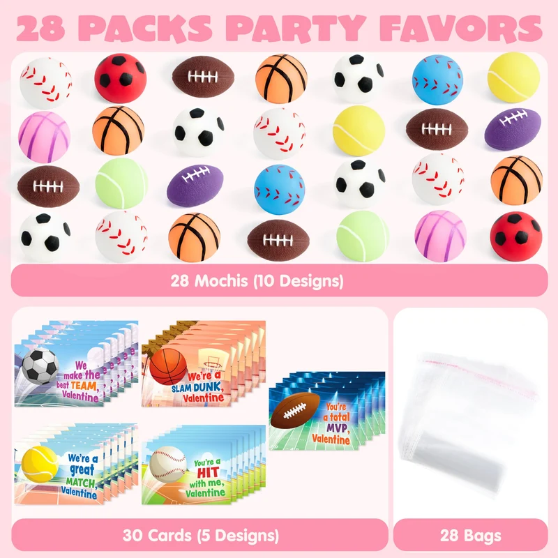 JOYIN 28 Packs Valentines Day Kawaii Sports Ball Mochi Relief Fidget Toy for Kids